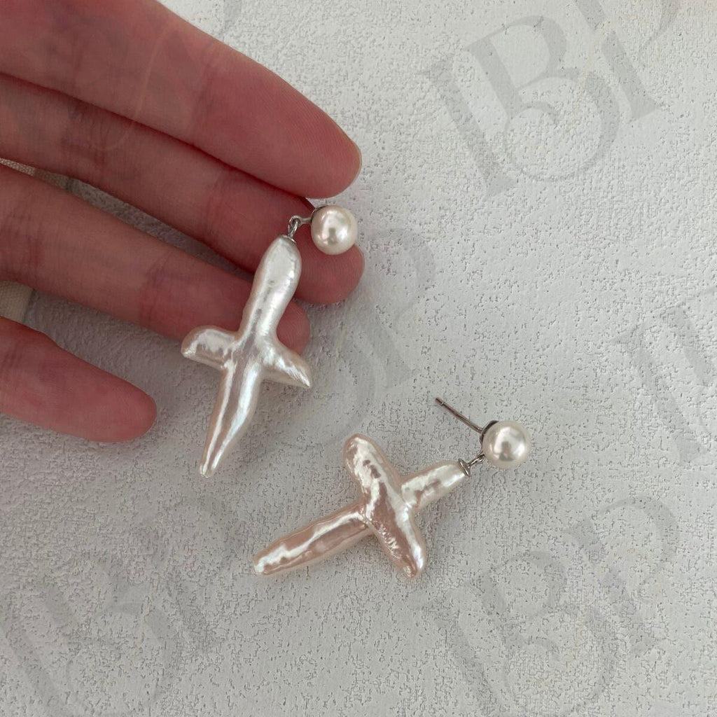 Baroque Pearl Cross Earrings - Sterling Silver Religious Jewelry - Irregular Beauty Pearl