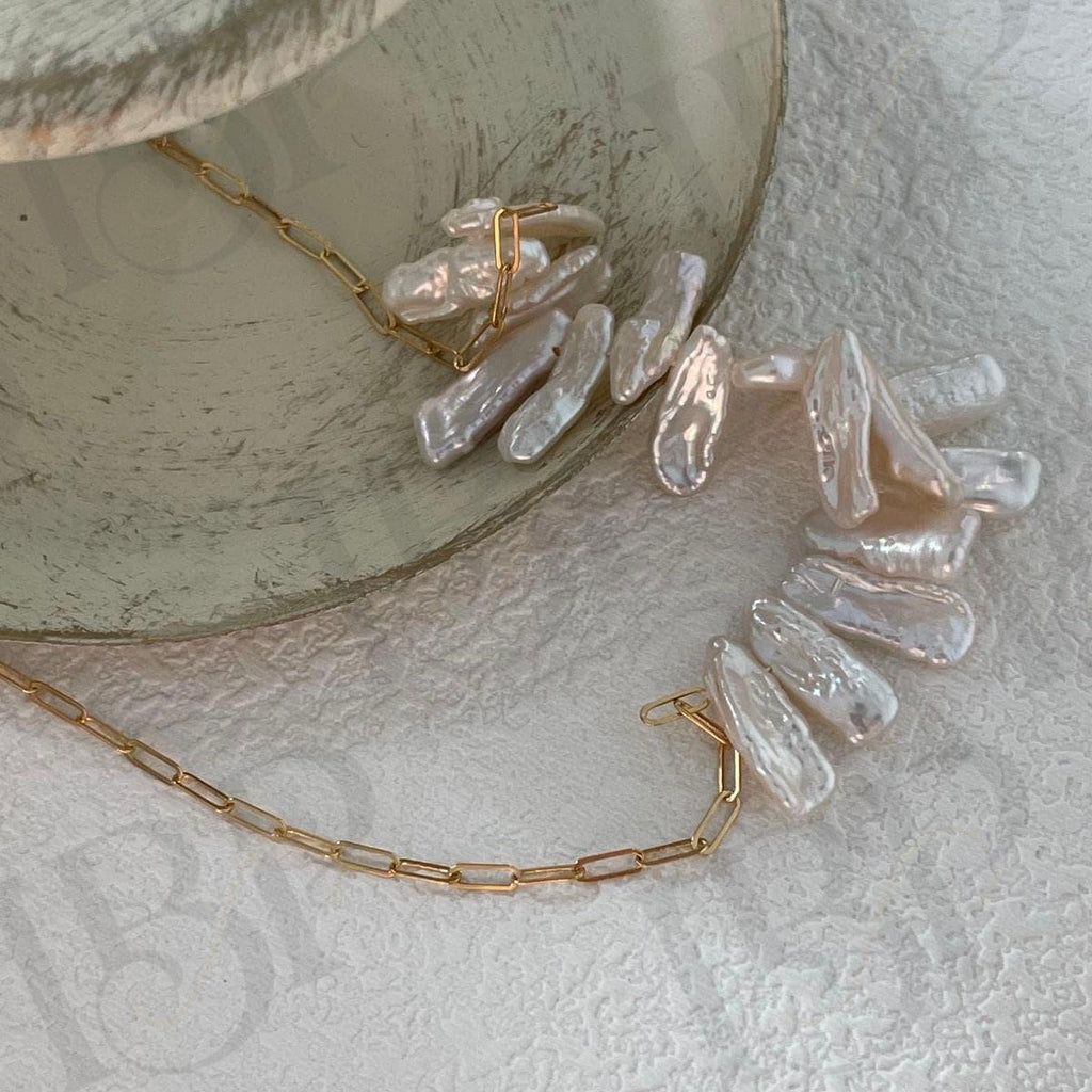 Natural Stick Pearl Smile Necklace - 14k Gold Filled Paperclip Chain - Irregular Beauty Pearl