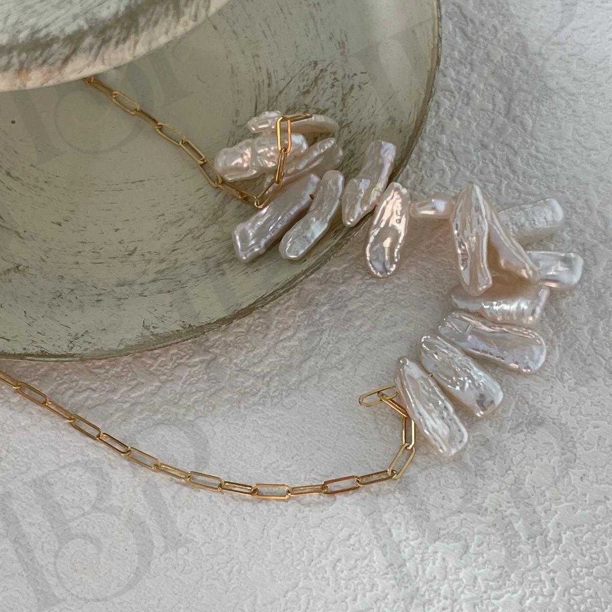 Natural Stick Pearl Smile Necklace - 14k Gold Filled Paperclip Chain - Irregular Beauty Pearl