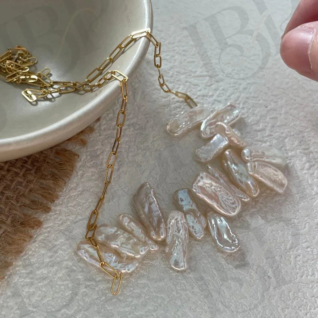 Natural Stick Pearl Smile Necklace - 14k Gold Filled Paperclip Chain - Irregular Beauty Pearl