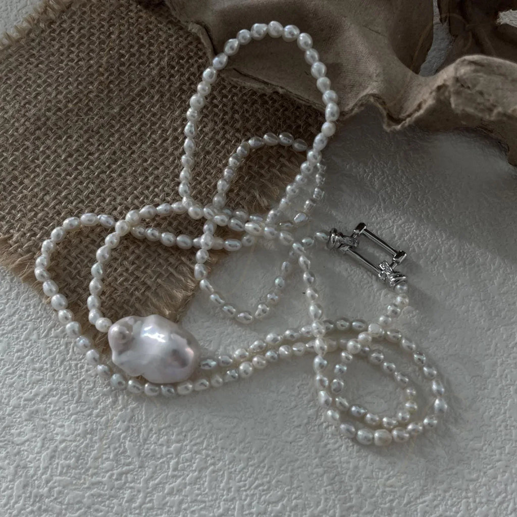 Large Baroque Pearl Double Layer Necklace - 925 Sterling Silver - Irregular Beauty Pearl