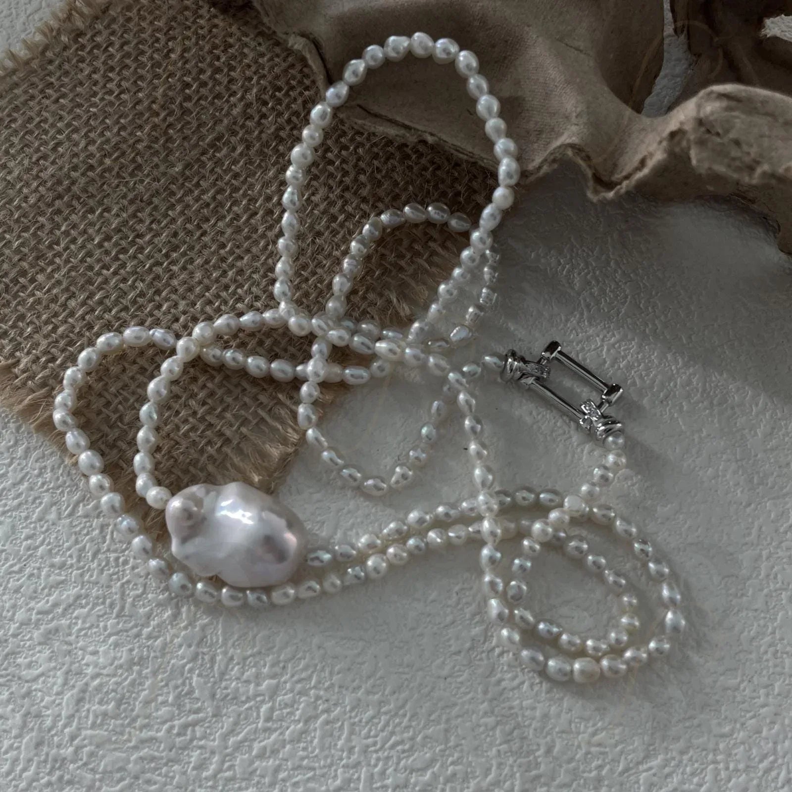 Large Baroque Pearl Double Layer Necklace - 925 Sterling Silver - Irregular Beauty Pearl