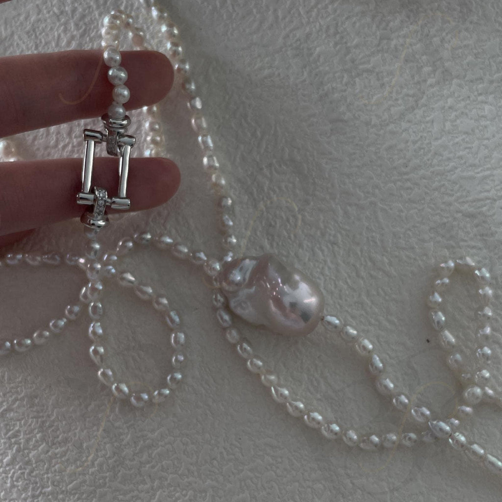 Large Baroque Pearl Double Layer Necklace - 925 Sterling Silver - Irregular Beauty Pearl