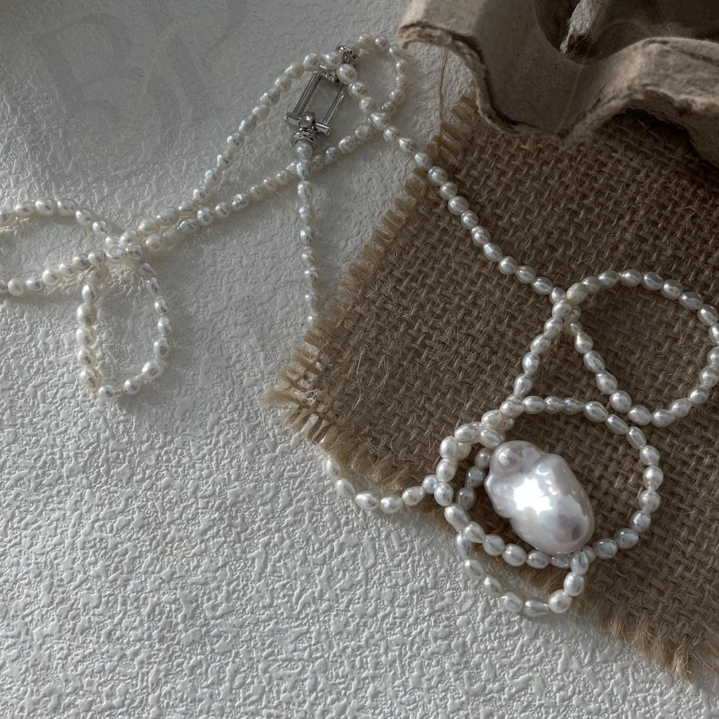 Large Baroque Pearl Double Layer Necklace - 925 Sterling Silver - Irregular Beauty Pearl