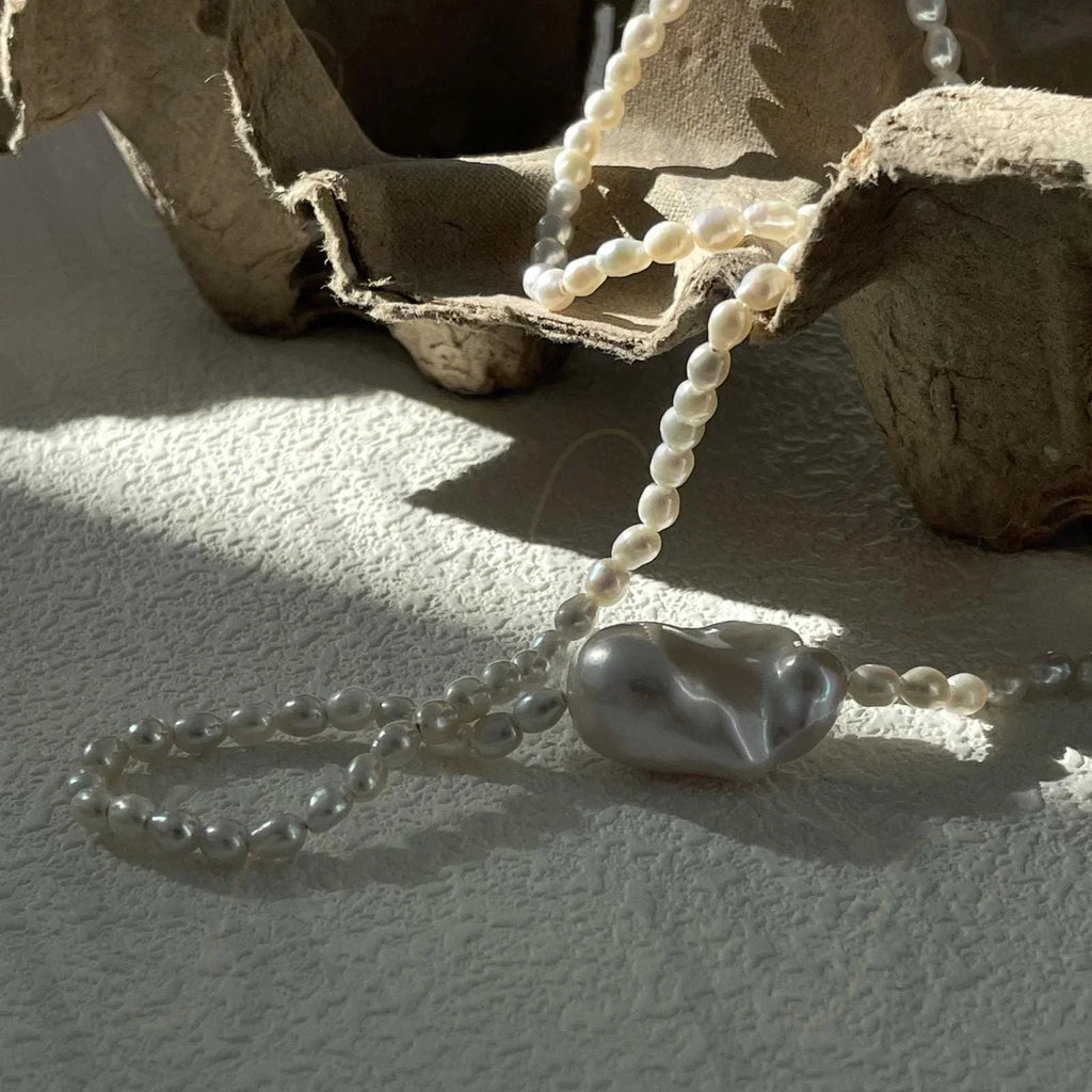Large Baroque Pearl Double Layer Necklace - 925 Sterling Silver - Irregular Beauty Pearl