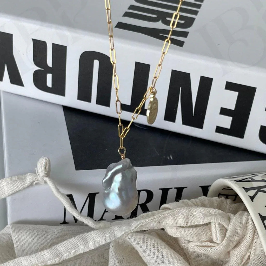 Large Metallic Grey Baroque Pearl Necklace - 14k Gold Filled Paperclip Chain - Irregular Beauty Pearl