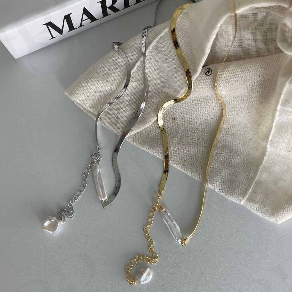 Baroque Pearl Herringbone Necklace - 14k Gold Filled or Sterling Silver - Irregular Beauty Pearl