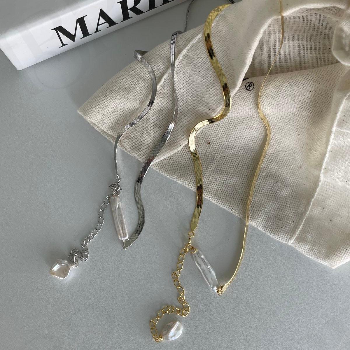 Baroque Pearl Herringbone Necklace - 14k Gold Filled or Sterling Silver - Irregular Beauty Pearl