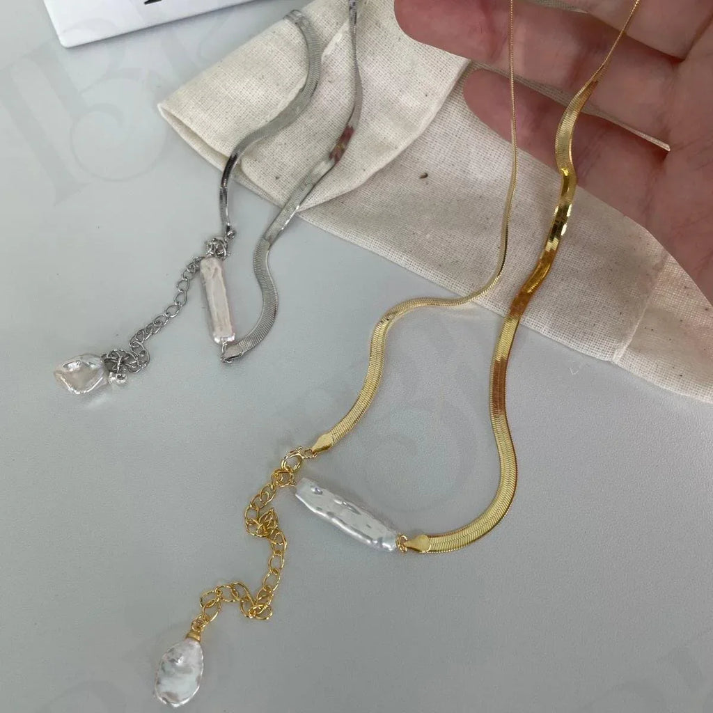 Baroque Pearl Herringbone Necklace - 14k Gold Filled or Sterling Silver - Irregular Beauty Pearl