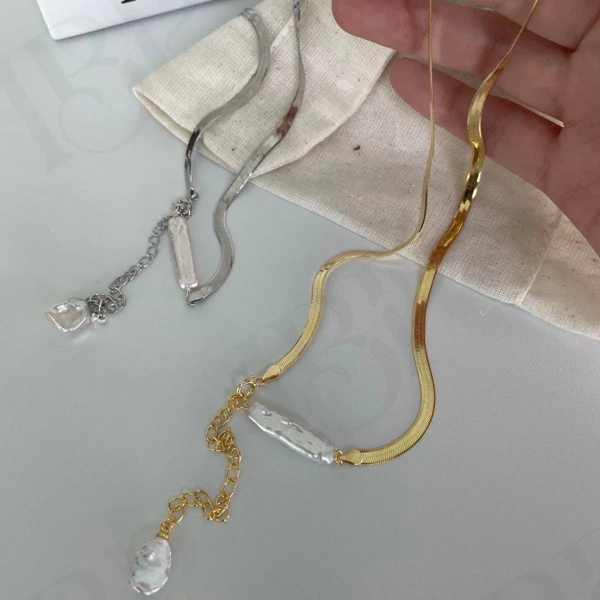 Baroque Pearl Herringbone Necklace - 14k Gold Filled or Sterling Silver - Irregular Beauty Pearl