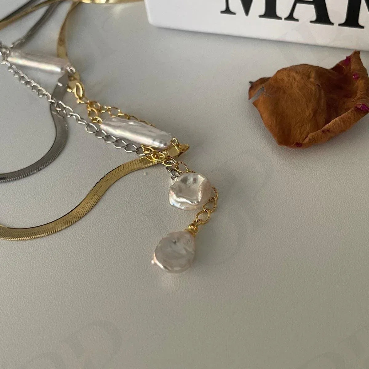 Baroque Pearl Herringbone Necklace - 14k Gold Filled or Sterling Silver - Irregular Beauty Pearl