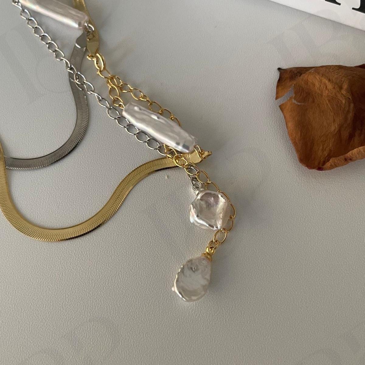 Baroque Pearl Herringbone Necklace - 14k Gold Filled or Sterling Silver - Irregular Beauty Pearl