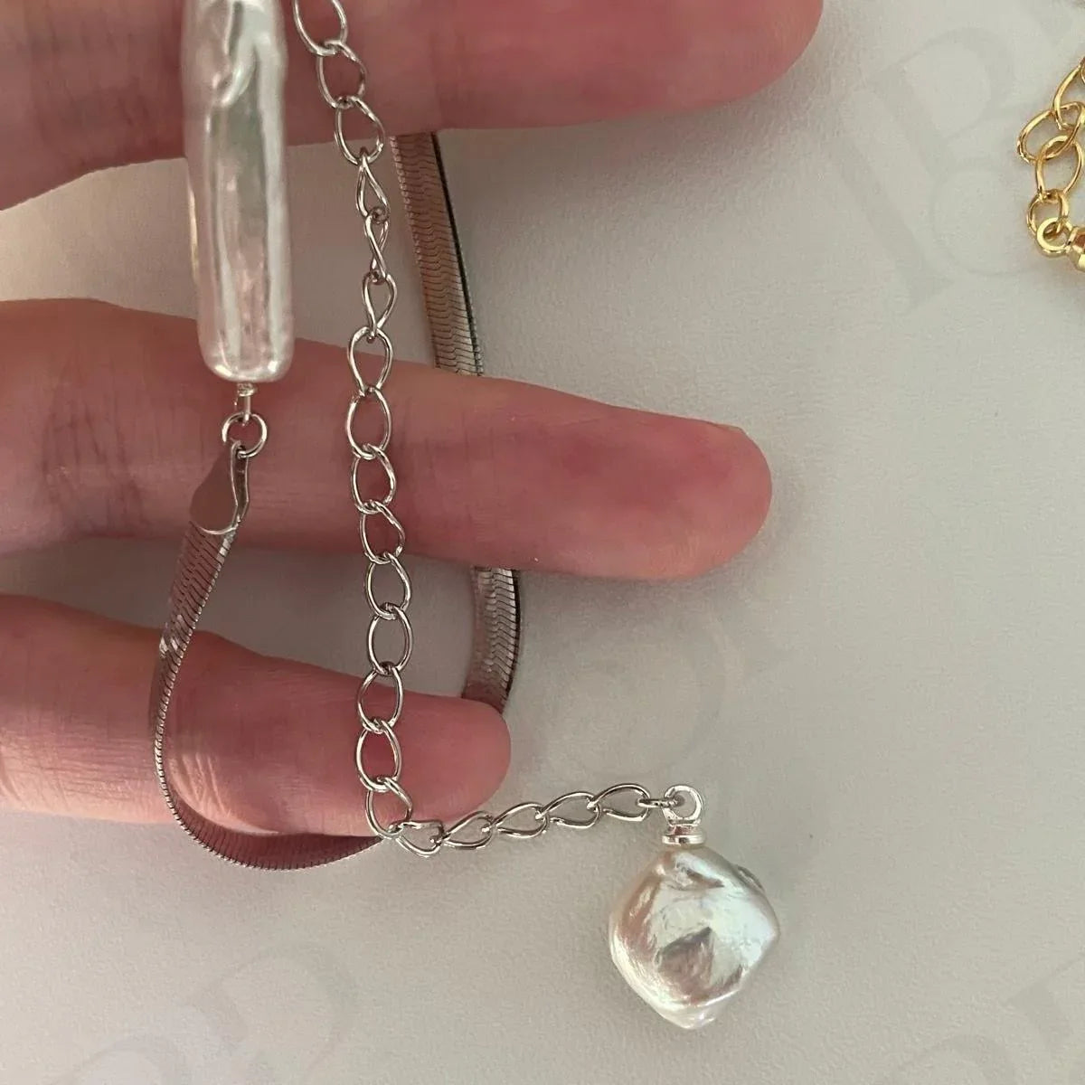 Baroque Pearl Herringbone Necklace - 14k Gold Filled or Sterling Silver - Irregular Beauty Pearl