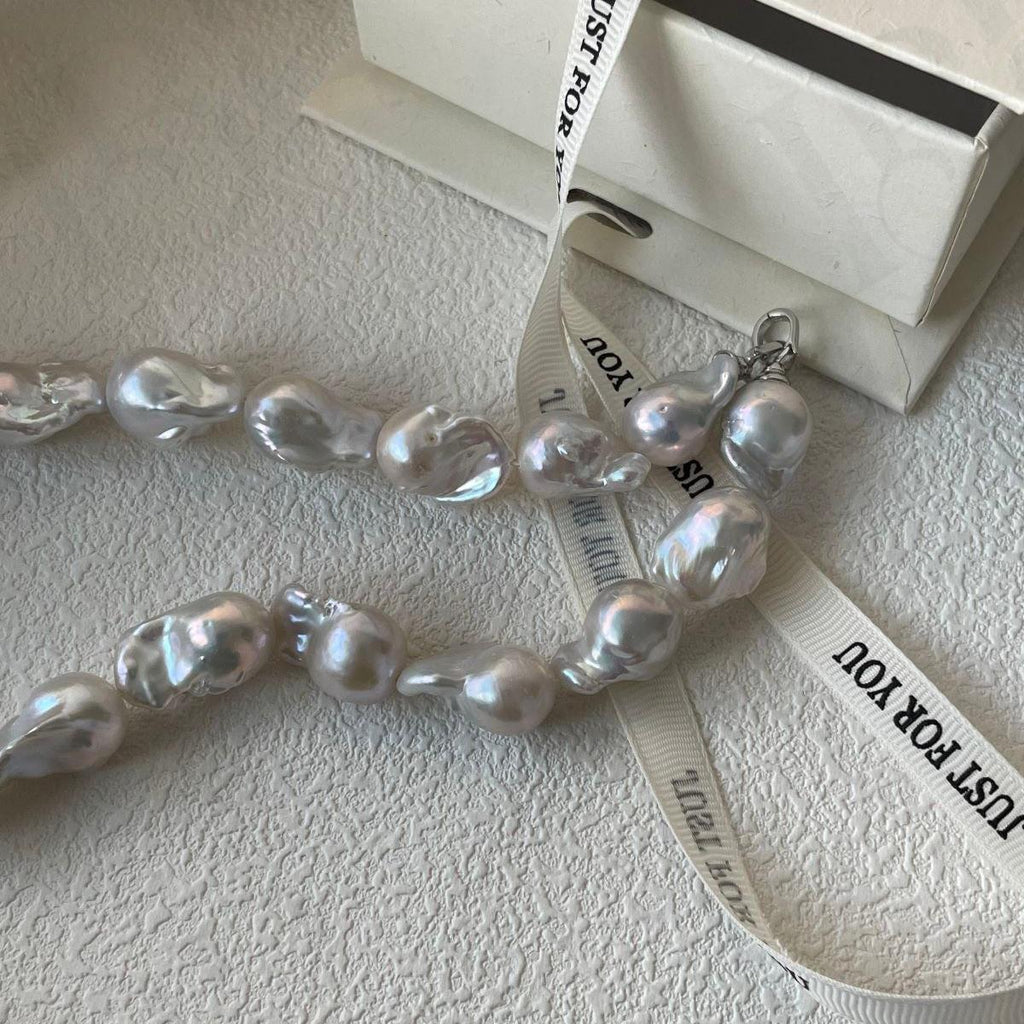 Large Baroque Pearl Beaded Necklace - 925 Sterling Silver - Irregular Beauty Pearl