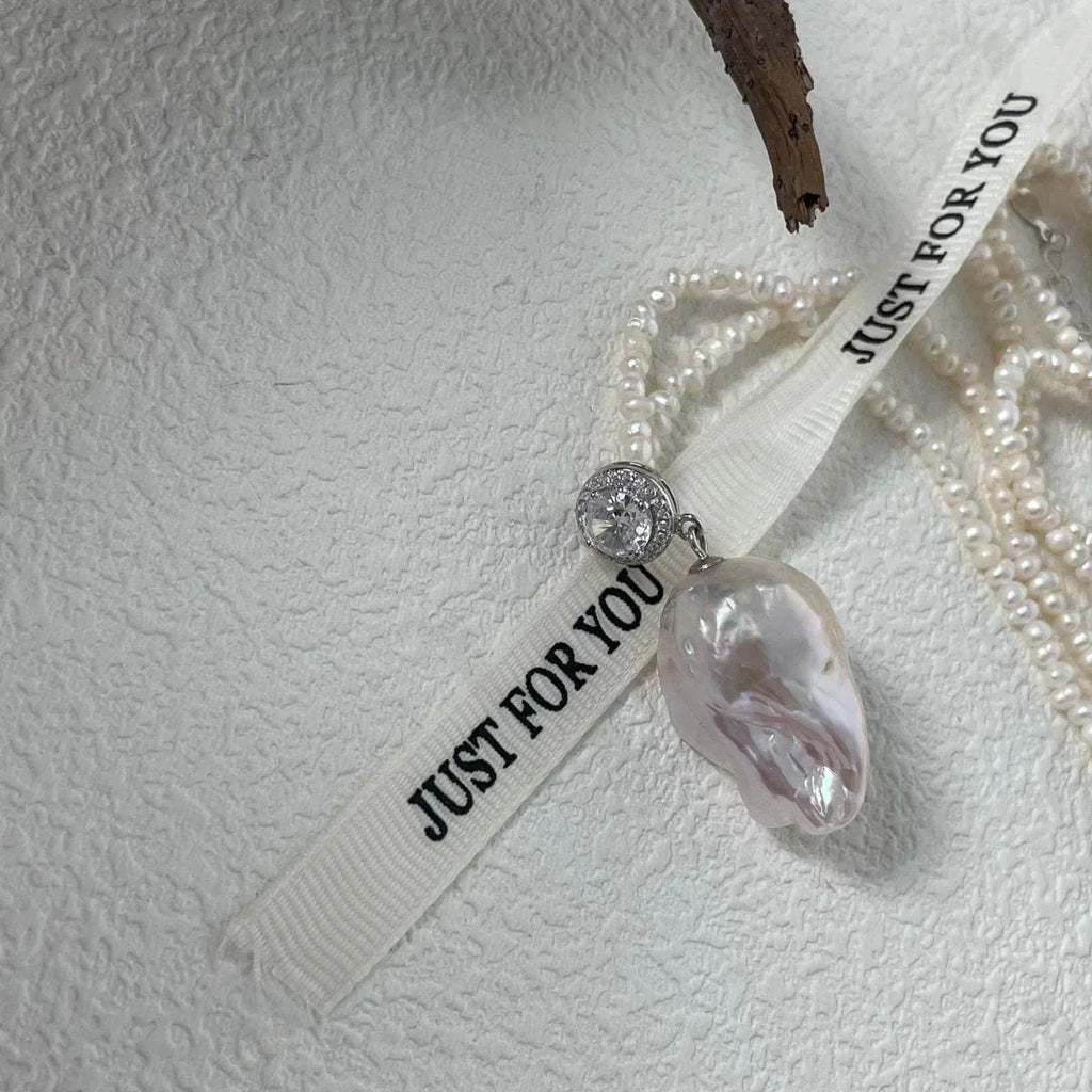 Jumbo Baroque Pearl Pendant Necklace - 925 Sterling Silver Seed Pearl Strand - Irregular Beauty Pearl
