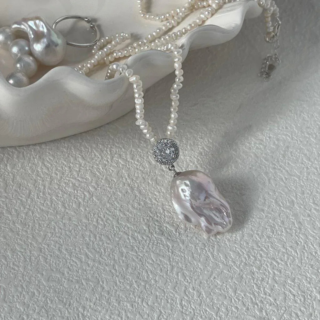 Jumbo Baroque Pearl Pendant Necklace - 925 Sterling Silver Seed Pearl Strand - Irregular Beauty Pearl
