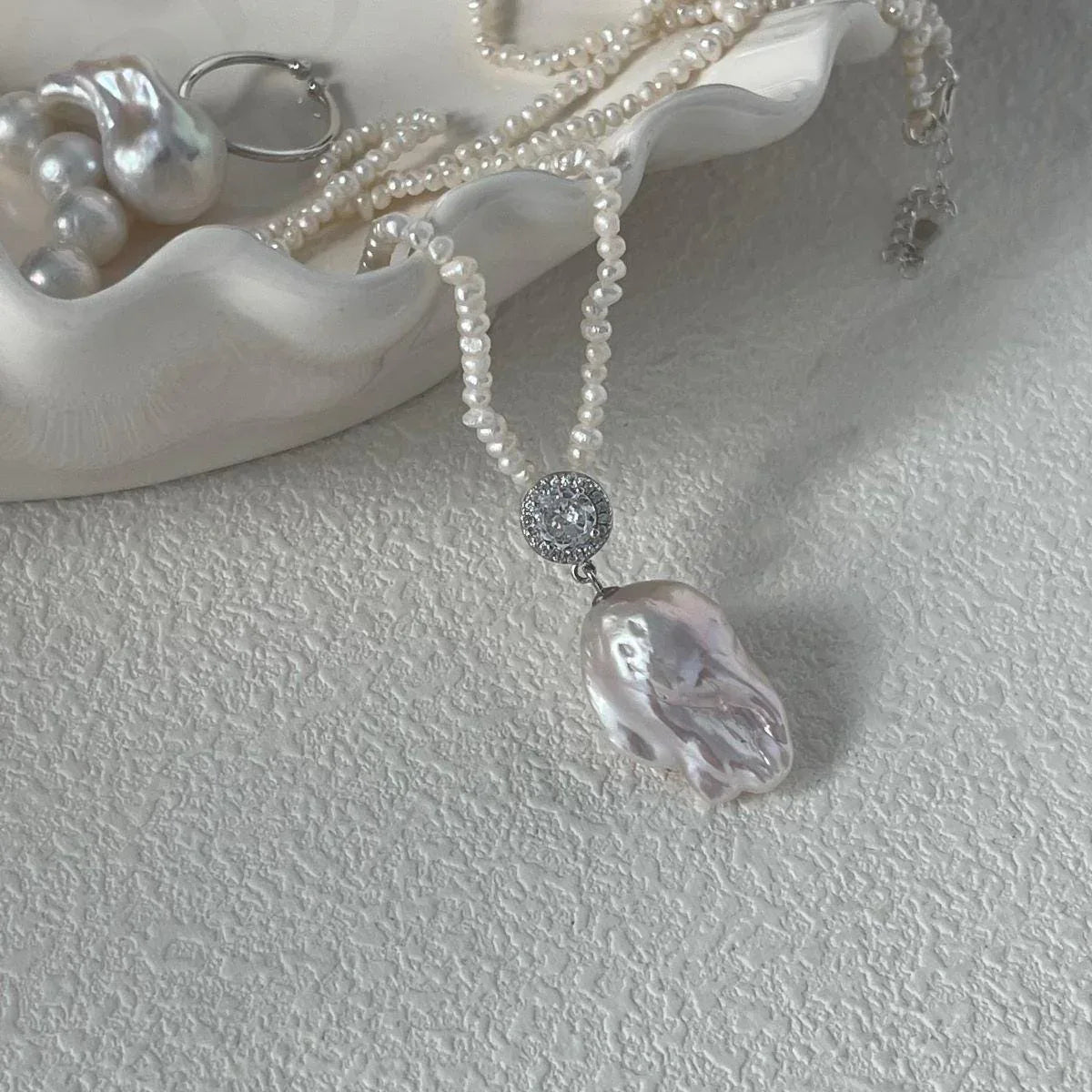 Jumbo Baroque Pearl Pendant Necklace - 925 Sterling Silver Seed Pearl Strand - Irregular Beauty Pearl