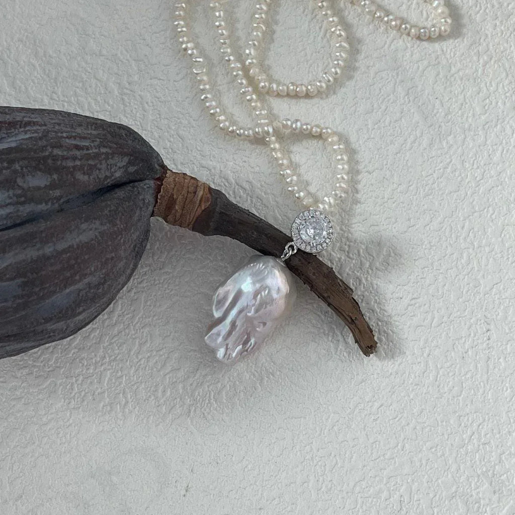 Jumbo Baroque Pearl Pendant Necklace - 925 Sterling Silver Seed Pearl Strand - Irregular Beauty Pearl