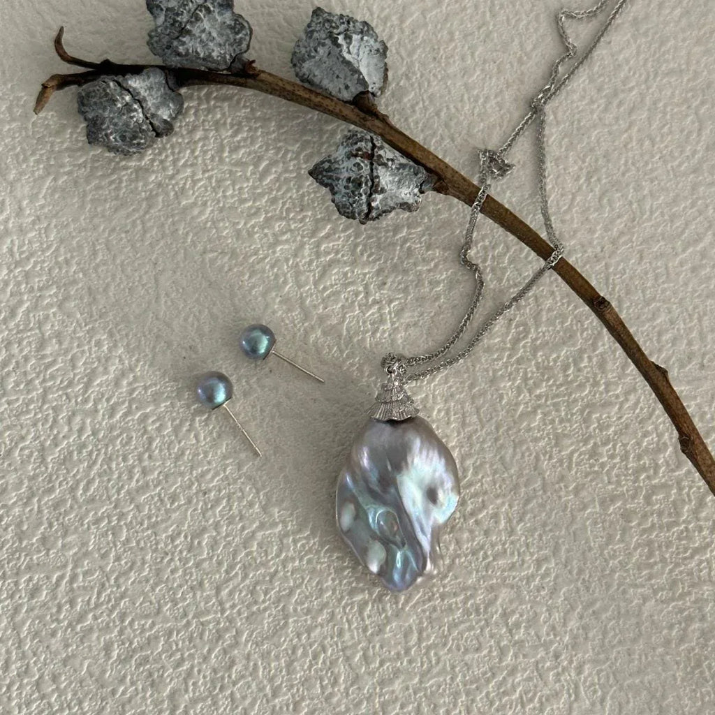 Large Grey Baroque Pearl Necklace - Rhodium Plated Sterling Silver - Irregular Beauty Pearl