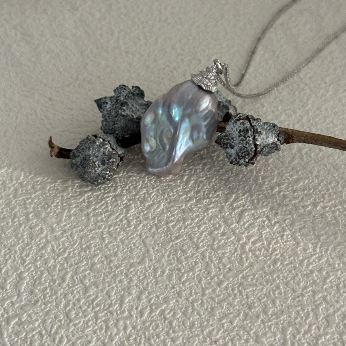 Large Grey Baroque Pearl Necklace - Rhodium Plated Sterling Silver - Irregular Beauty Pearl