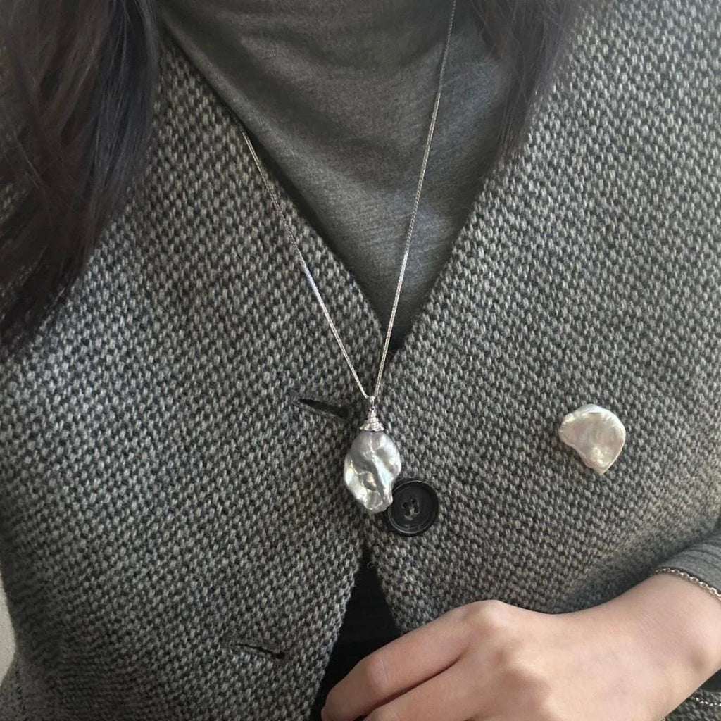 Large Grey Baroque Pearl Necklace - Rhodium Plated Sterling Silver - Irregular Beauty Pearl