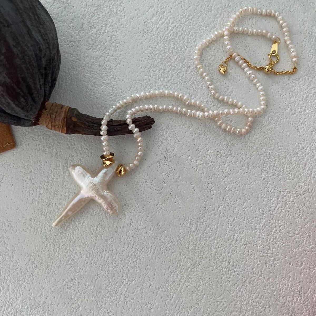 Natural Baroque Pearl Cross Pendant Necklace - Handmade Freshwater Pearl Jewelry - Irregular Beauty Pearl