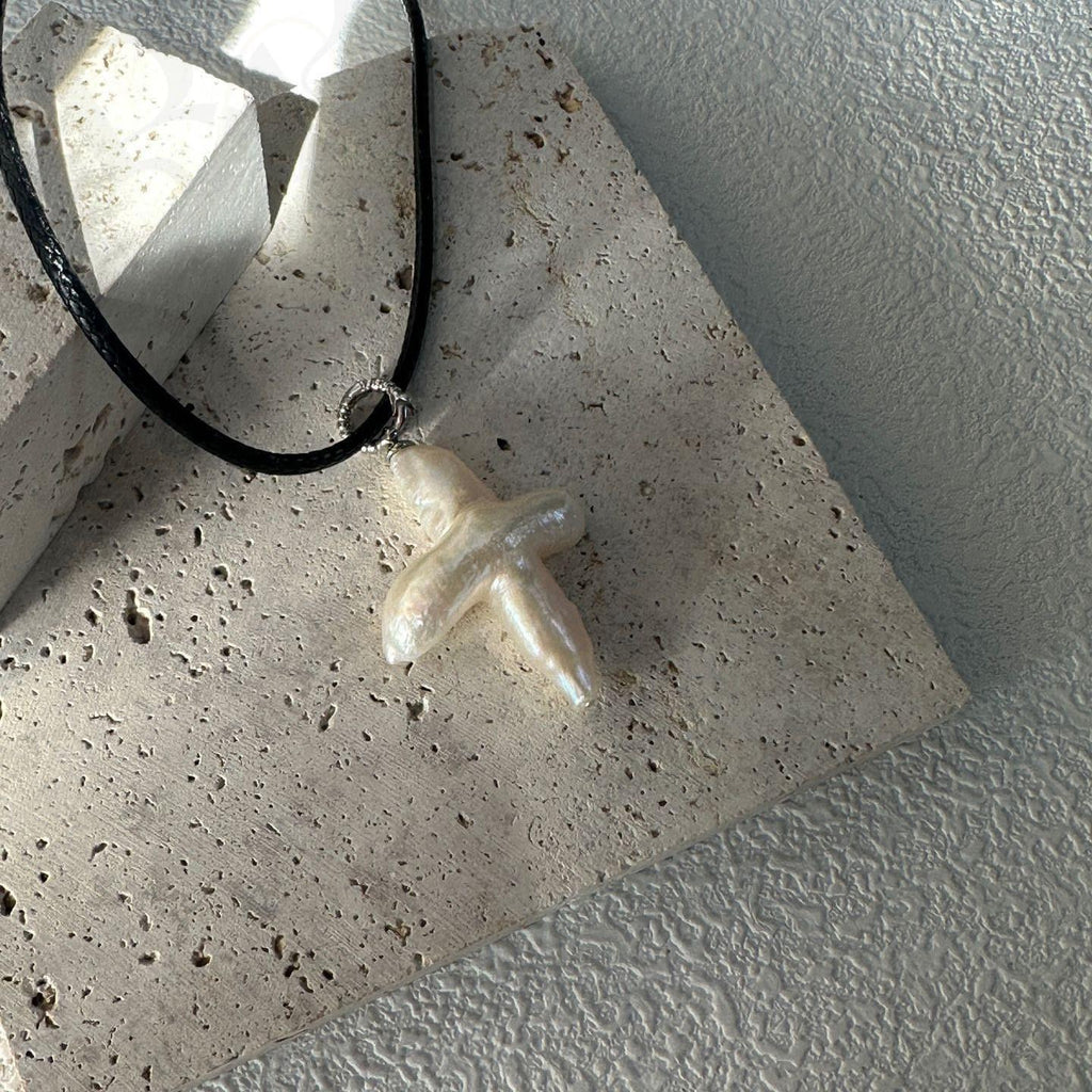 Natural Baroque Pearl Cross Pendant Necklace - Handmade Freshwater Pearl Jewelry - Irregular Beauty Pearl