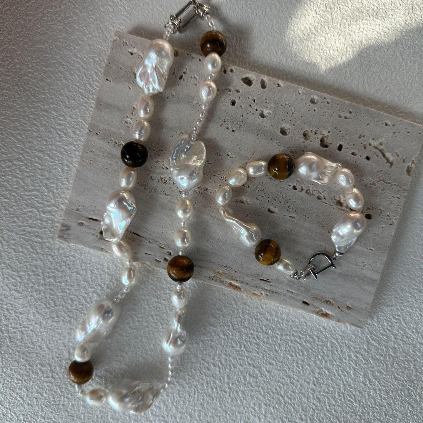 Genuine Amber and Large Baroque Pearl Necklace - 925 Sterling Silver - Irregular Beauty Pearl