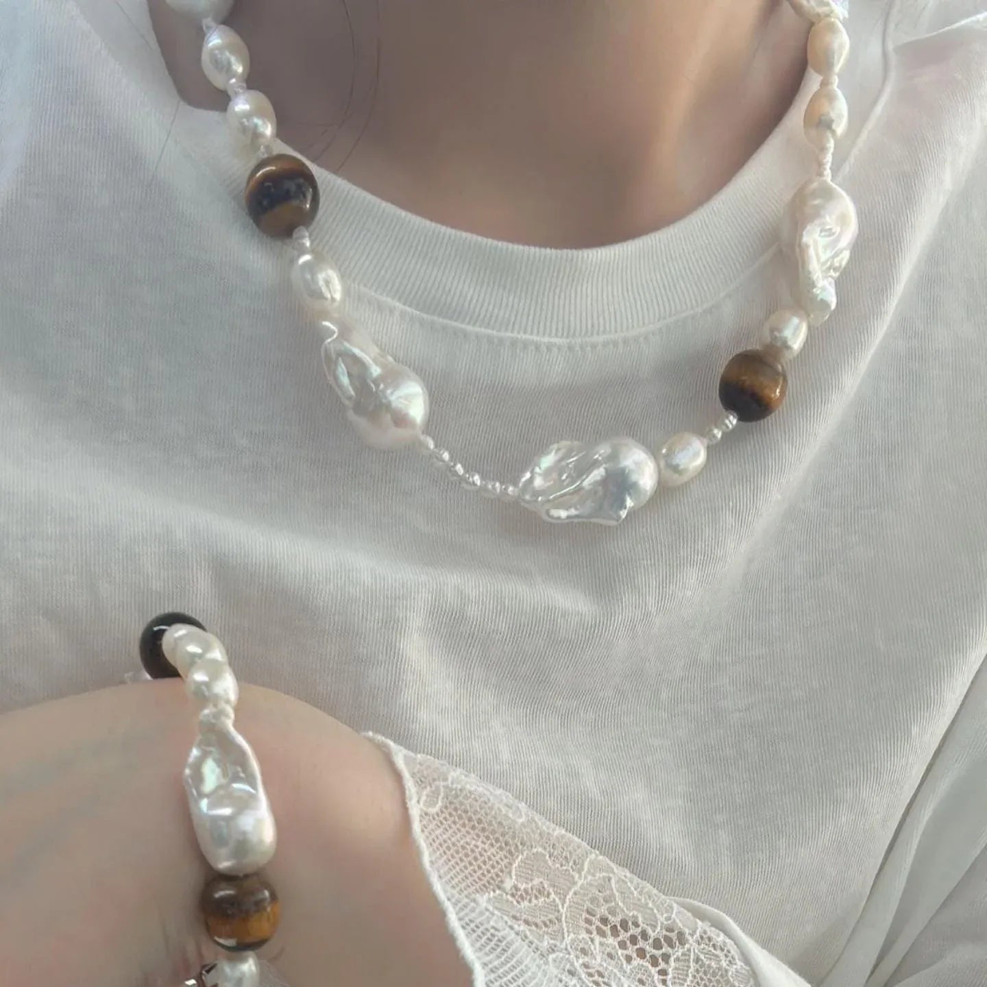 Genuine Amber and Large Baroque Pearl Necklace - 925 Sterling Silver - Irregular Beauty Pearl
