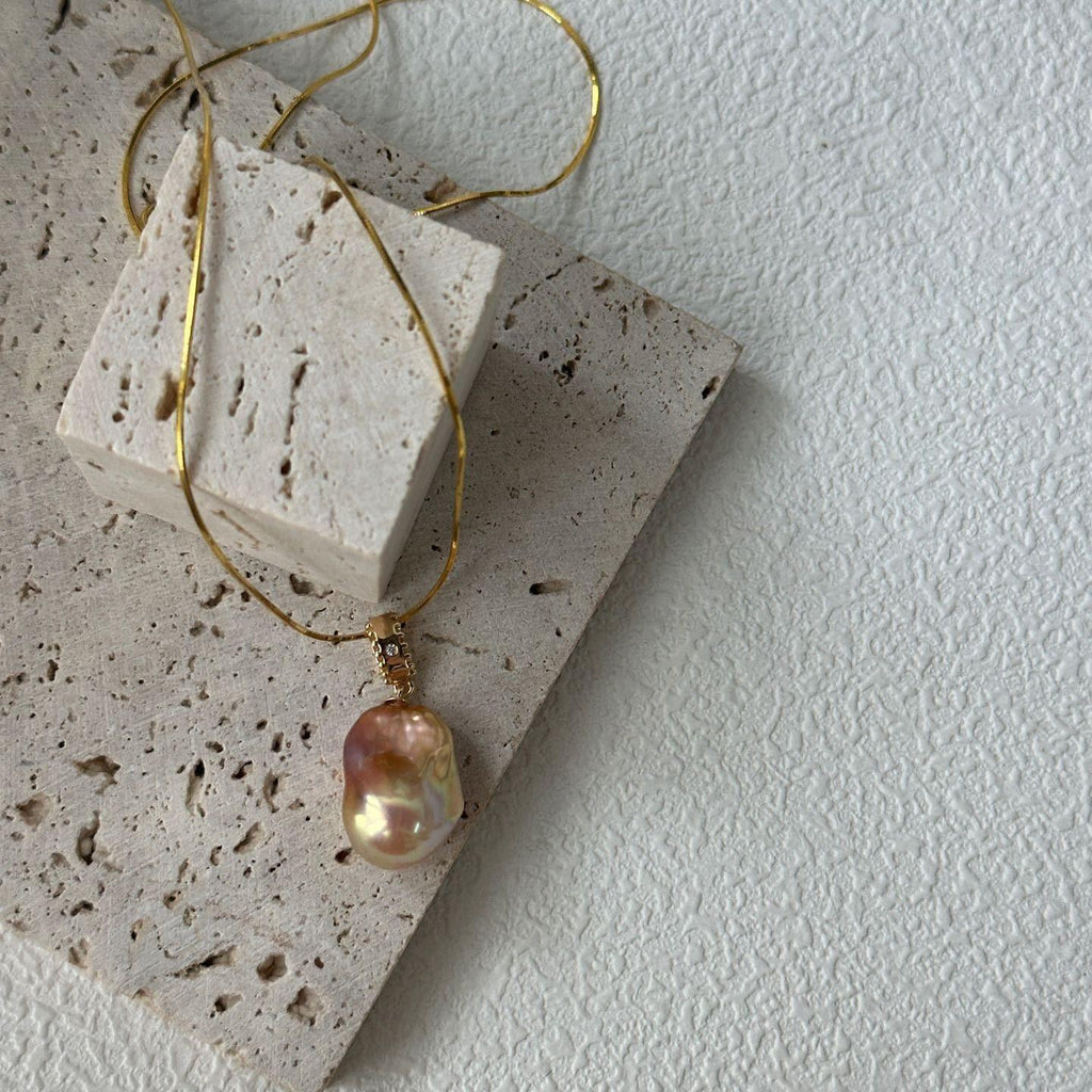 Large Baroque Pearl Necklace - Iridescent Fireball Pendant - Irregular Beauty Pearl