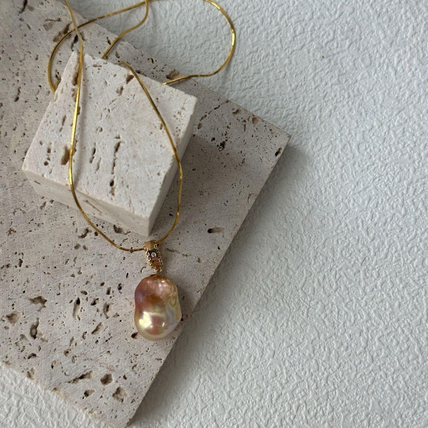 Large Baroque Pearl Necklace - Iridescent Fireball Pendant - Irregular Beauty Pearl