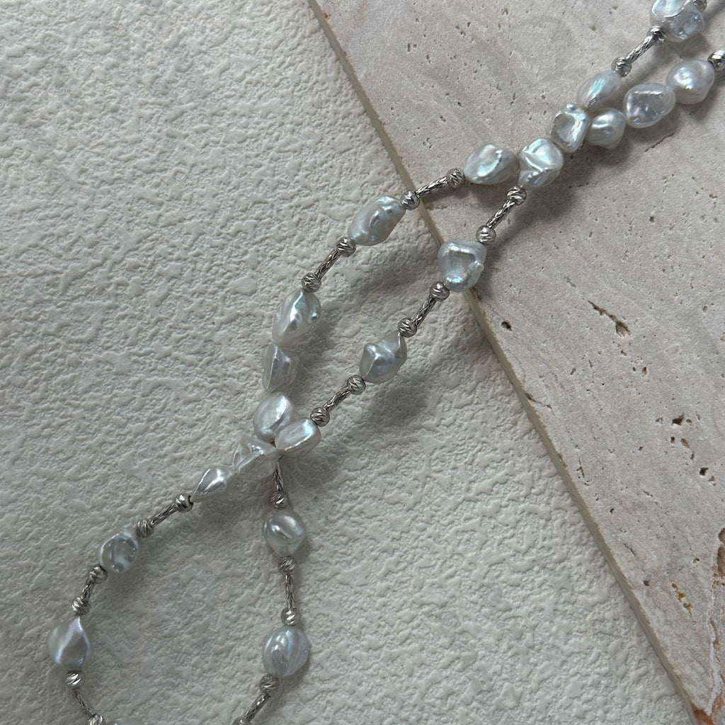Sterling Silver Nugget and Baroque Pearl Necklace - Irregular Beauty Pearl