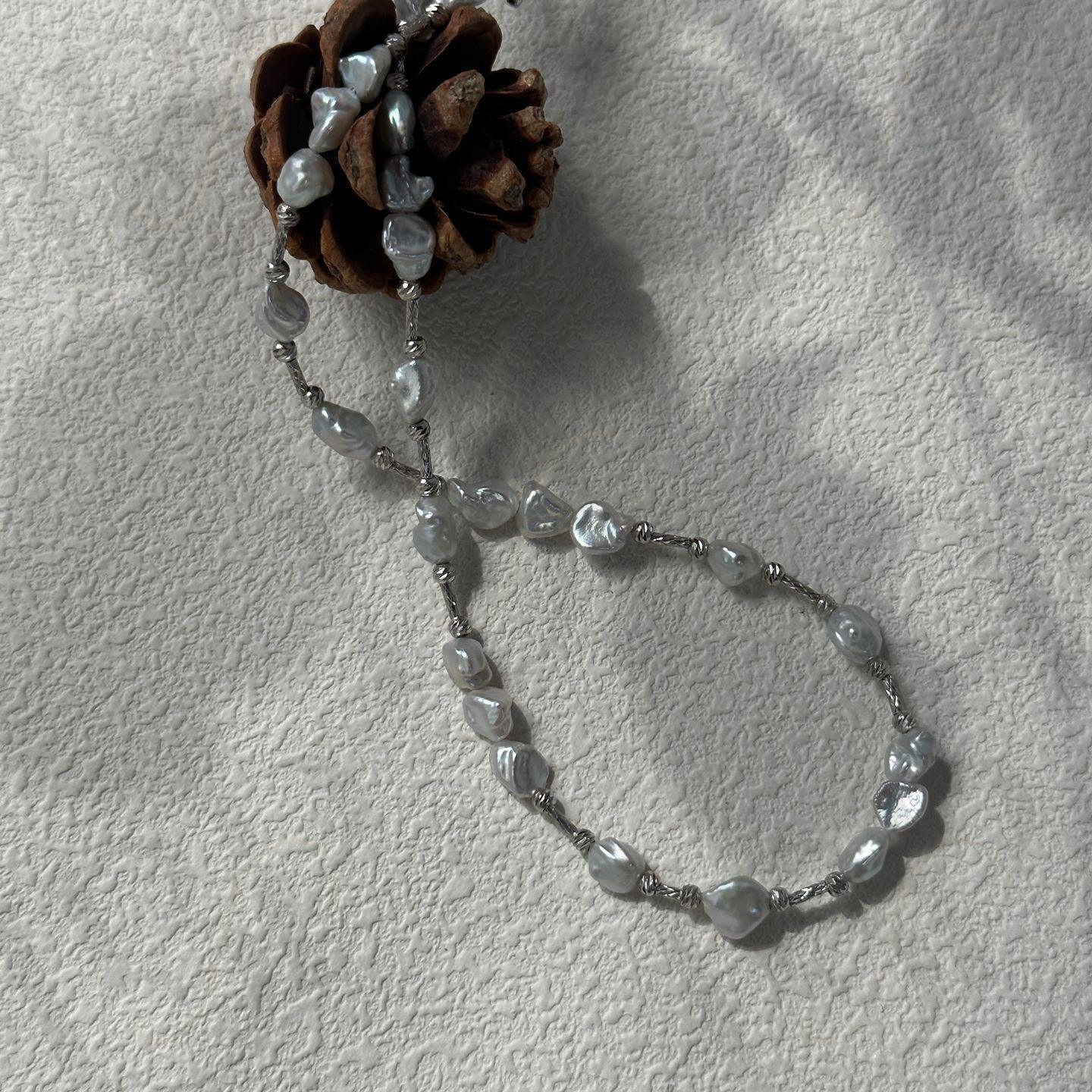 Sterling Silver Nugget and Baroque Pearl Necklace - Irregular Beauty Pearl