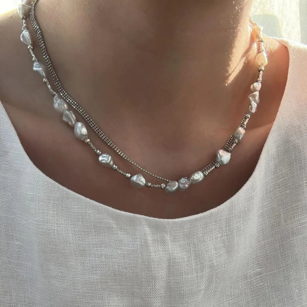Sterling Silver Nugget and Baroque Pearl Necklace - Irregular Beauty Pearl