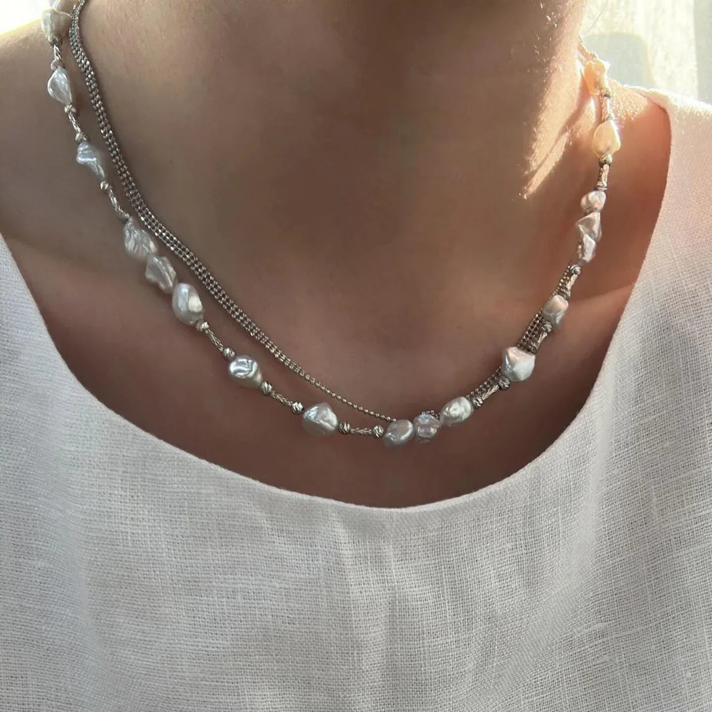 Sterling Silver Nugget and Baroque Pearl Necklace - Irregular Beauty Pearl