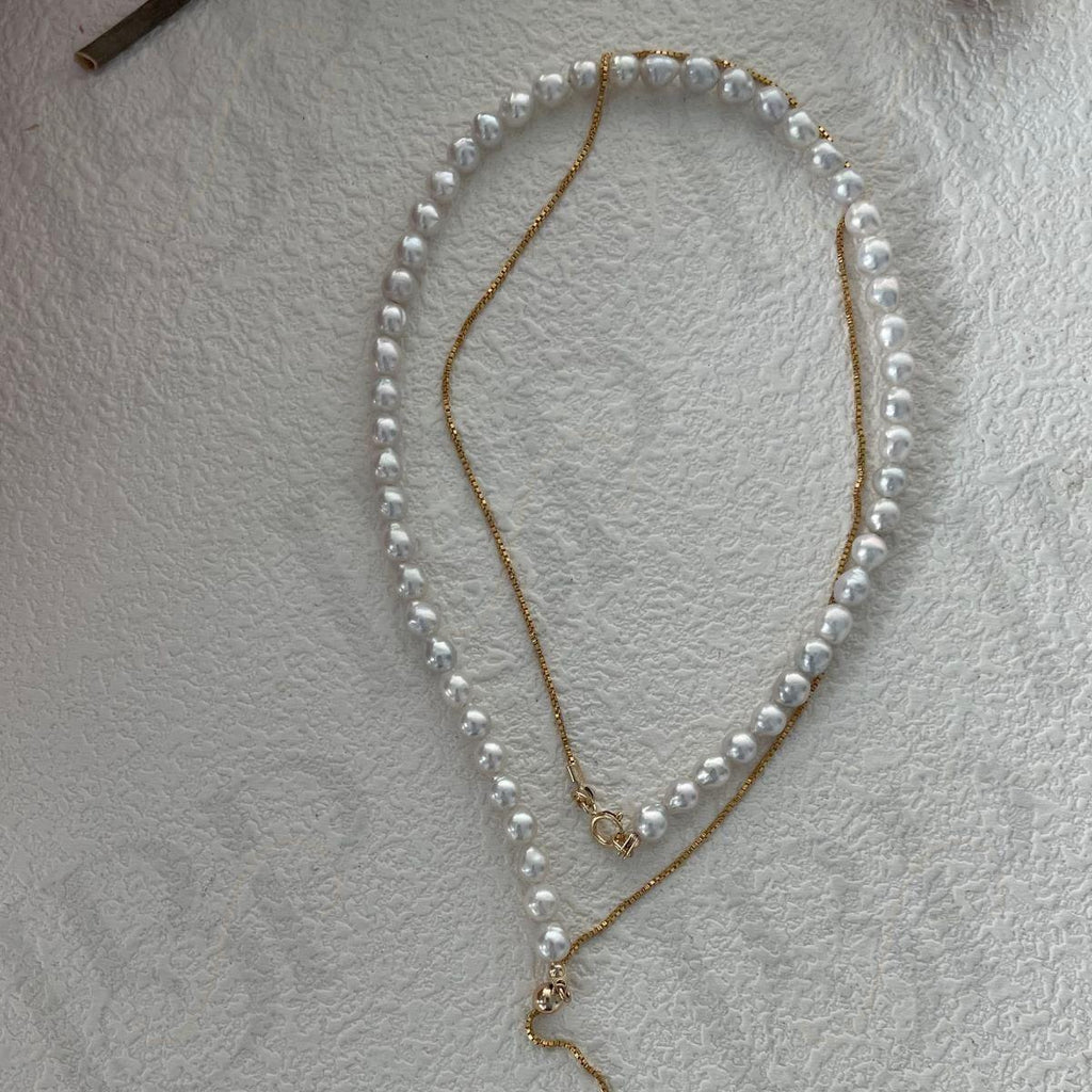 Adjustable Pearl Beaded Necklace - 14k Gold Filled Lariat - Irregular Beauty Pearl