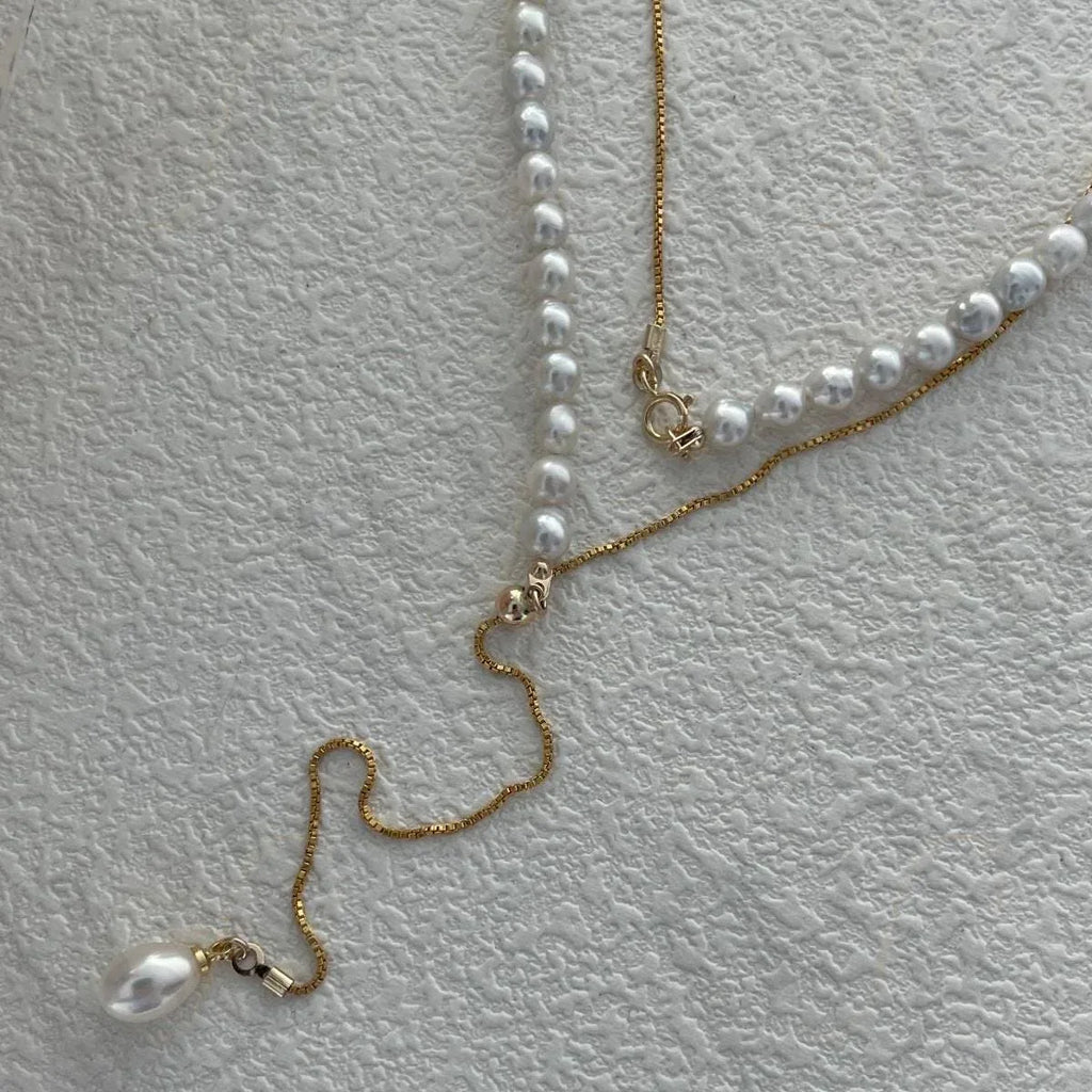Adjustable Pearl Beaded Necklace - 14k Gold Filled Lariat - Irregular Beauty Pearl