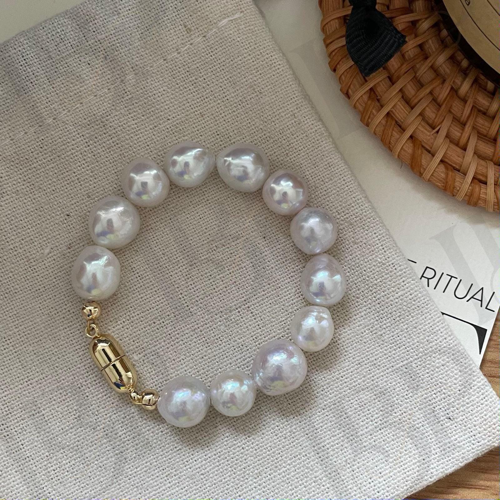 Metallic Pink Ripple Pearl Bracelet – 14k Gold Filled Baroque Jewelry - Irregular Beauty Pearl