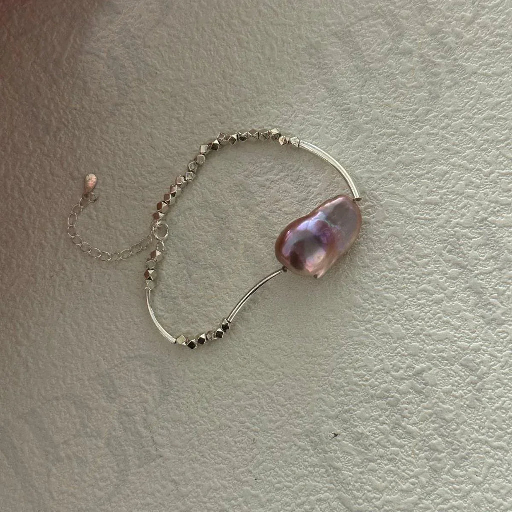 Metallic Pink Baroque Pearl Bracelet – Sterling Silver Crushed Bead Strand - Irregular Beauty Pearl