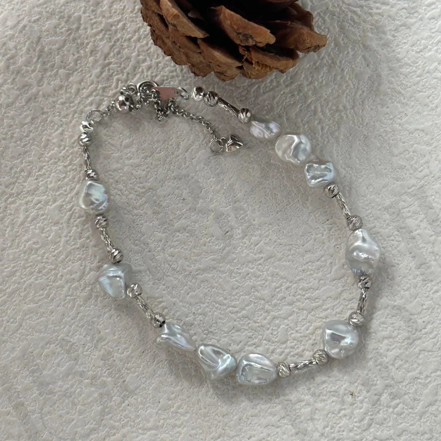 Sterling Silver Pearl Bracelet – Geometric Bead & Freshwater Pearl Jewelry - Irregular Beauty Pearl