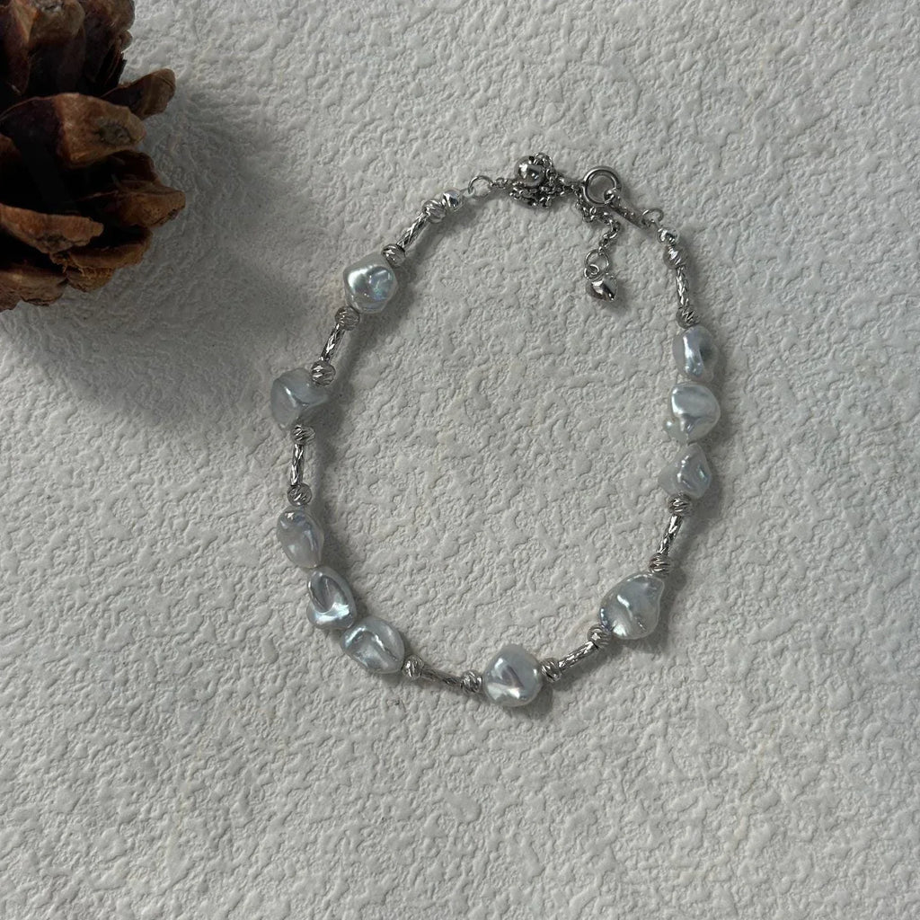 Sterling Silver Pearl Bracelet – Geometric Bead & Freshwater Pearl Jewelry - Irregular Beauty Pearl