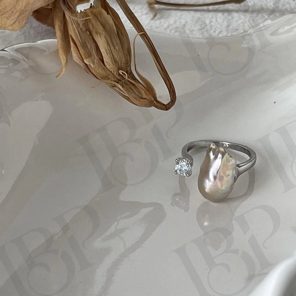 Baroque Pearl Ring - Sterling Silver Open Band - Irregular Beauty Pearl