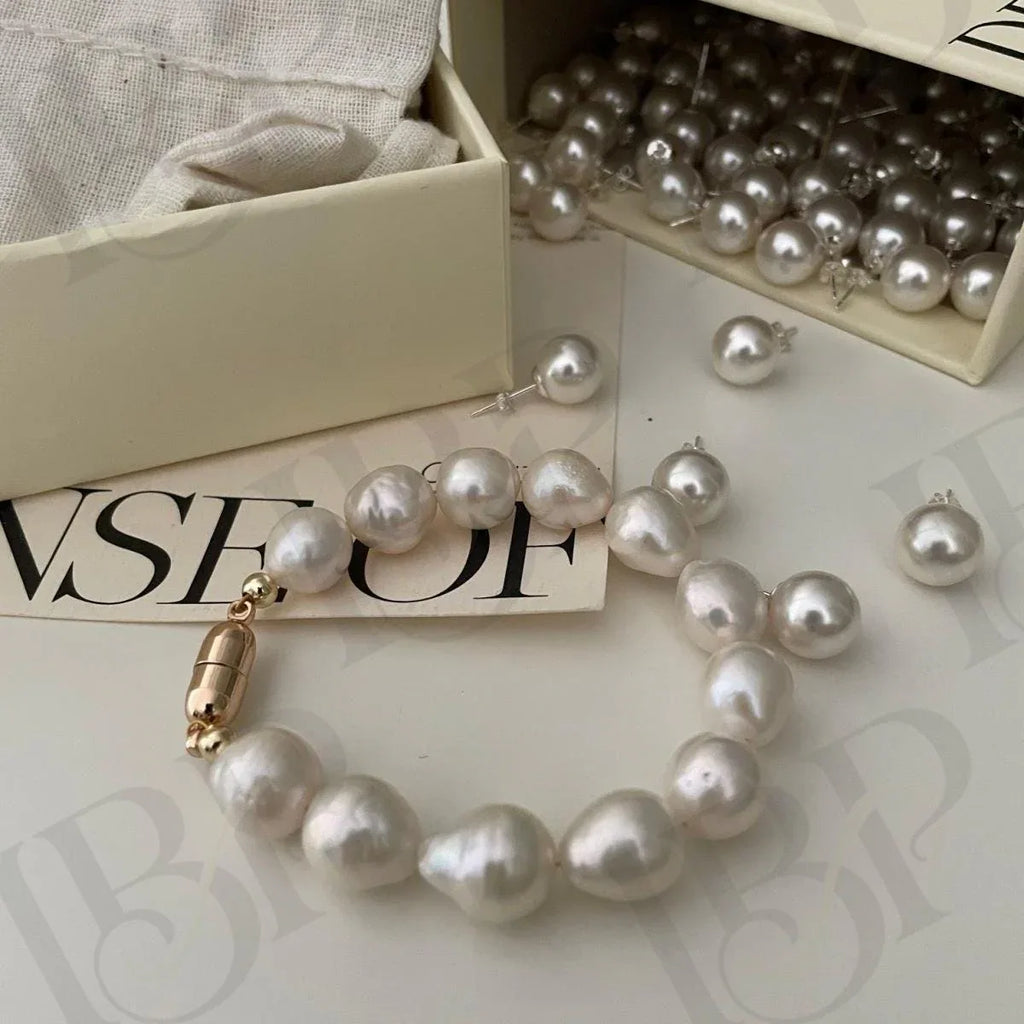 Metallic Pink Ripple Pearl Bracelet – 14k Gold Filled Baroque Jewelry - Irregular Beauty Pearl