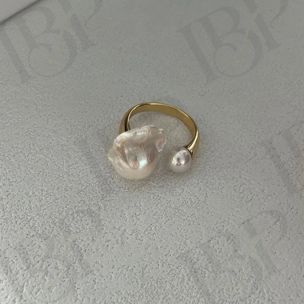 Baroque Pearl Open Ring - 18k Gold Vermeil Toi et Moi Design - Irregular Beauty Pearl