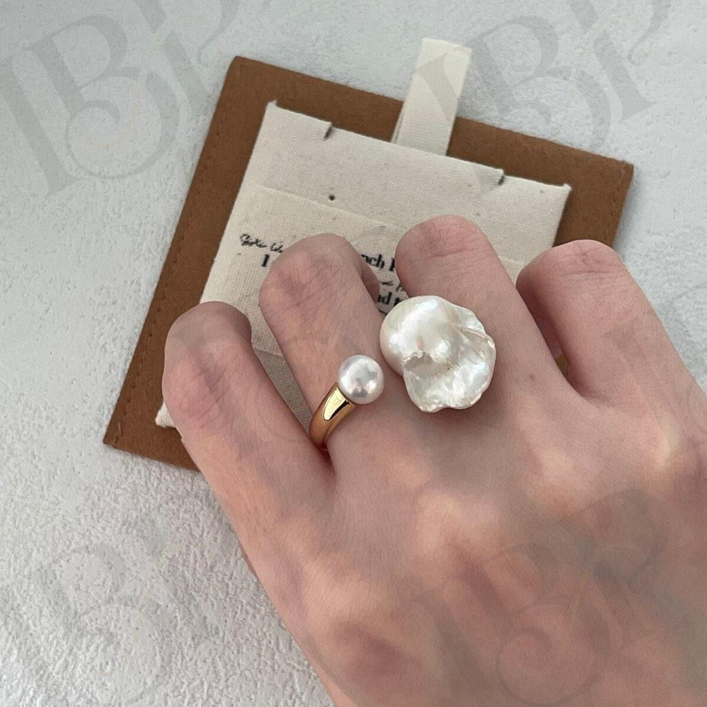 Baroque Pearl Open Ring - 18k Gold Vermeil Toi et Moi Design - Irregular Beauty Pearl