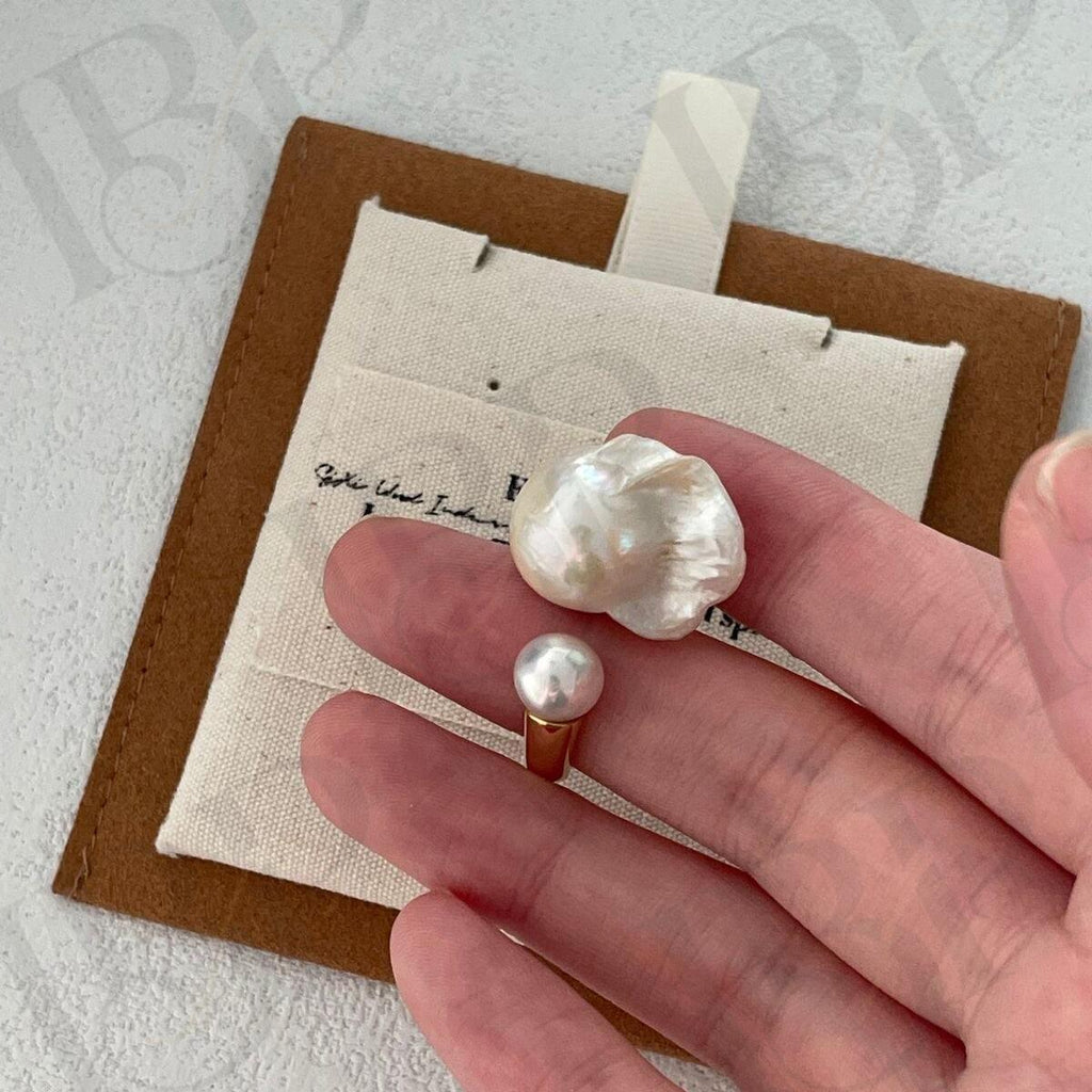 Baroque Pearl Open Ring - 18k Gold Vermeil Toi et Moi Design - Irregular Beauty Pearl