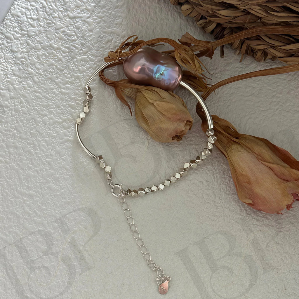 Metallic Pink Baroque Pearl Bracelet – Sterling Silver Crushed Bead Strand - Irregular Beauty Pearl