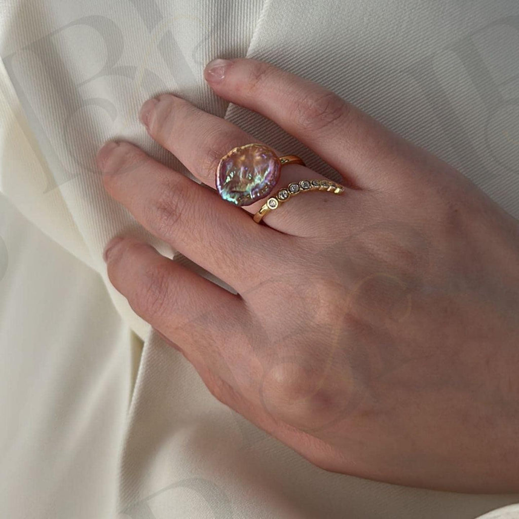 Baroque Pearl Ring – Sterling Silver CZ Band - Irregular Beauty Pearl