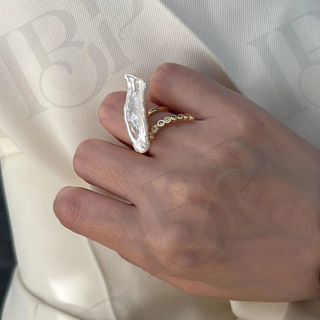 Baroque Pearl Ring – Sterling Silver CZ Band - Irregular Beauty Pearl