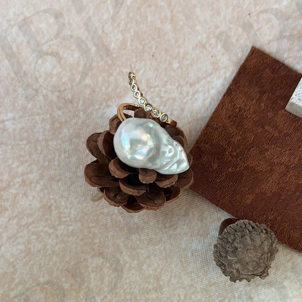 Baroque Pearl Ring – Sterling Silver CZ Band - Irregular Beauty Pearl